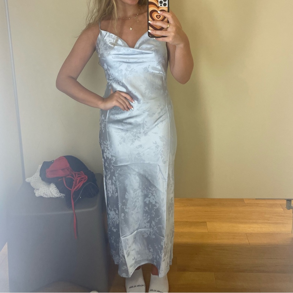 Light Blue Floral Silk Satin Slip Dress